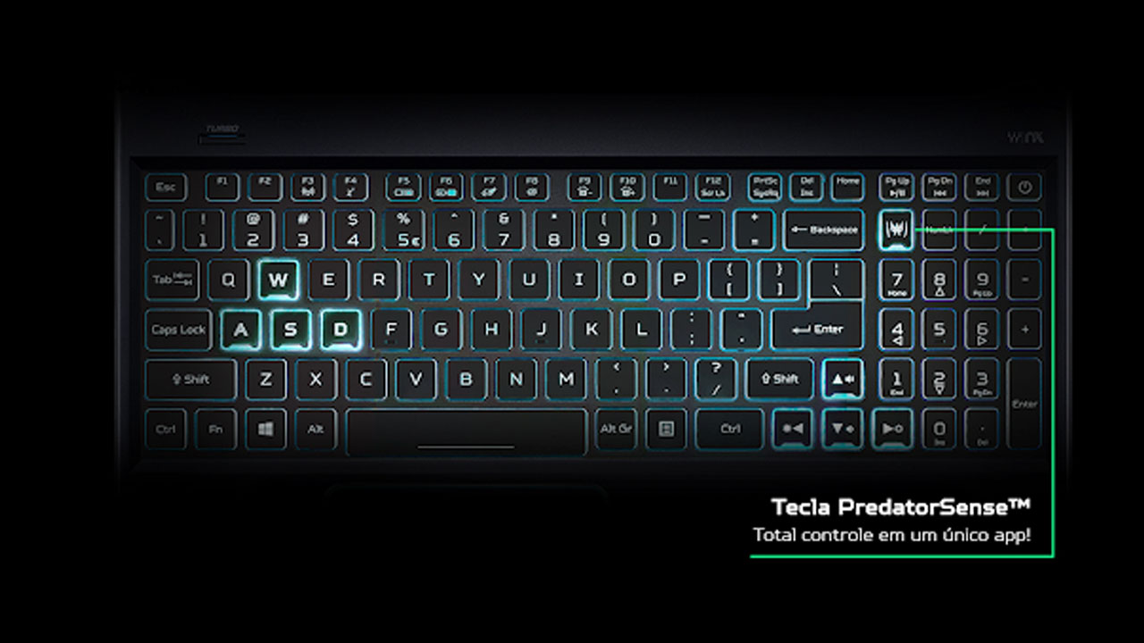 Este notebook conta com teclado retroiluminado em LED RGB.