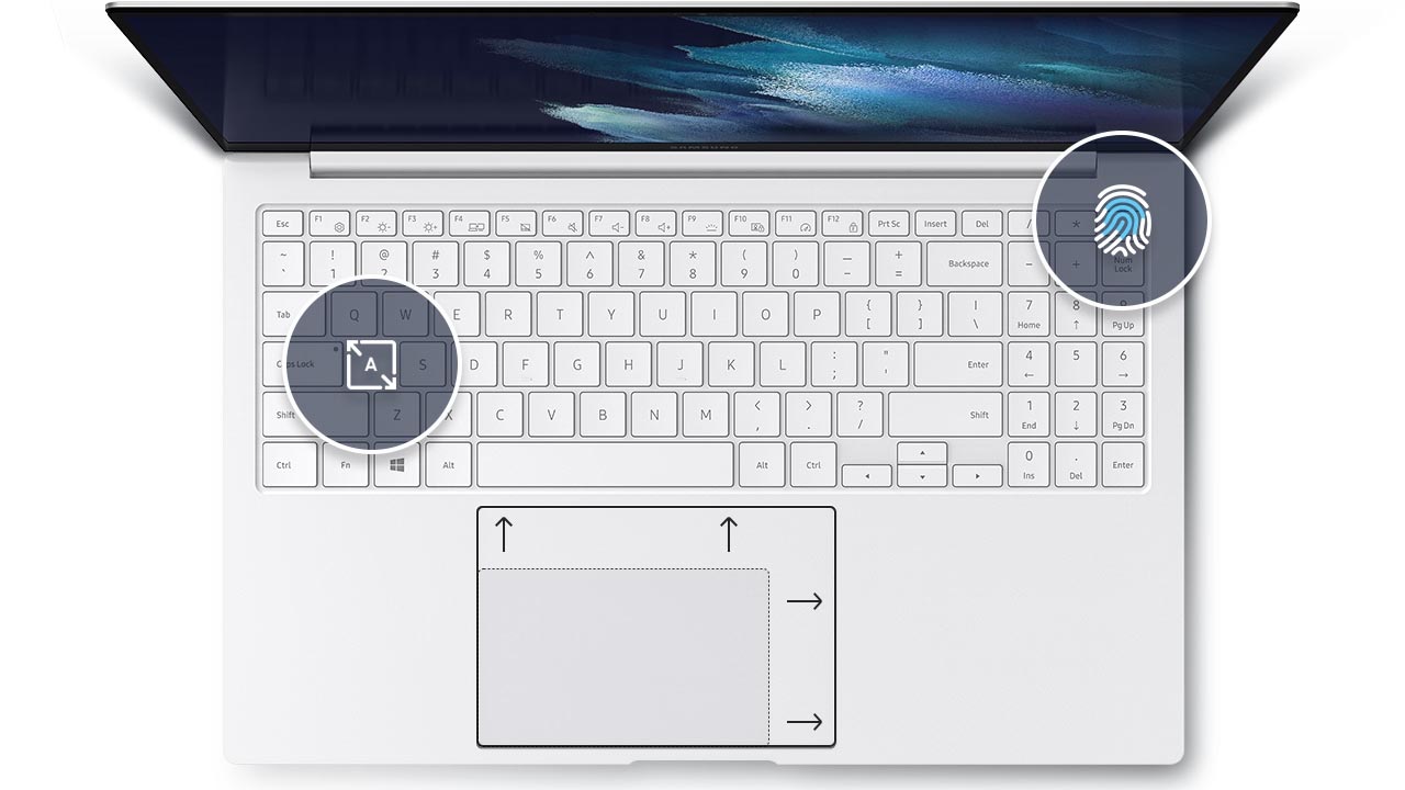 O teclado do Galaxy Book pro possui teclas curvas e mais largas